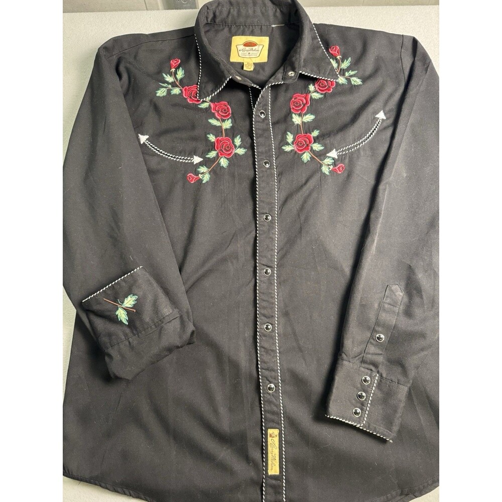 Larry Mahan Pearl Snap Shirt embroidered Roses black size XL western cowboy